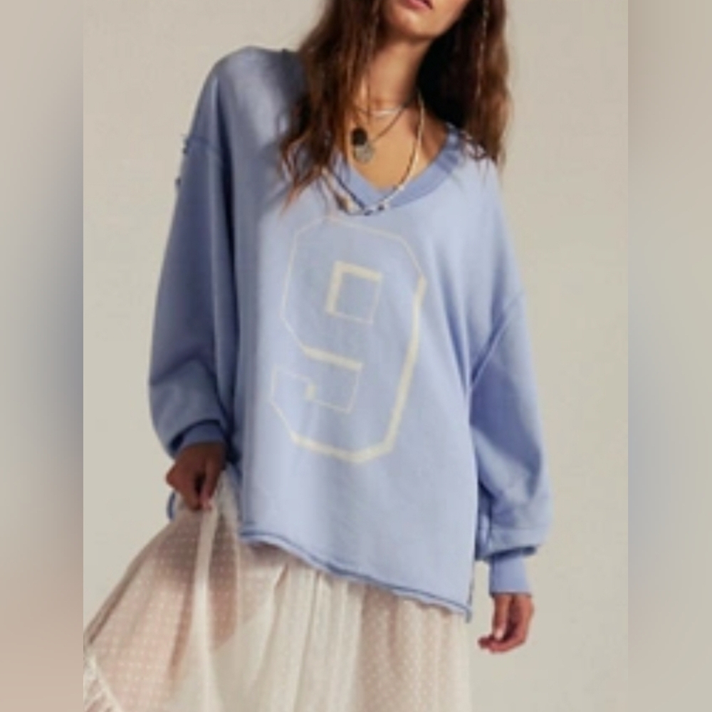 Free People Light Blue V-Neck Sweatshirt with Cream Graphic 9
